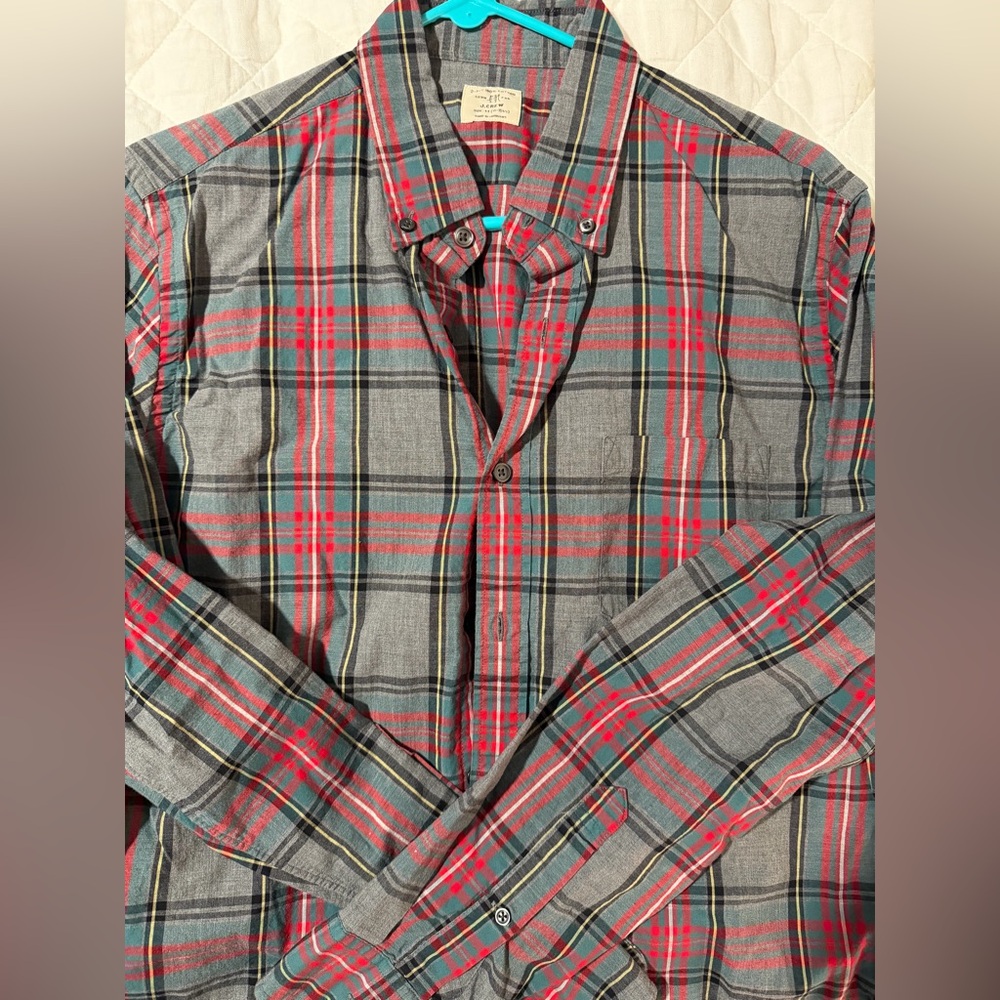 J. Crew Gray and Red Plaid Button Down Shirt
